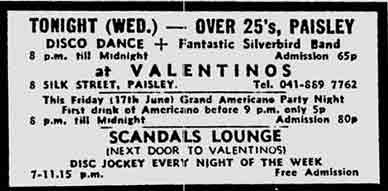 Advert for Valentino's 8 Silk Street Paisley 1977